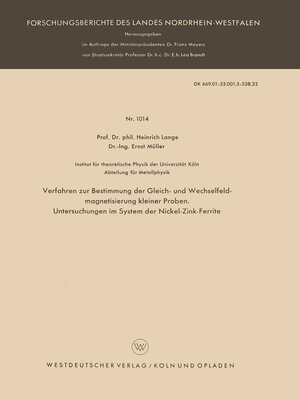 cover image of Verfahren zur Bestimmung der Gleich- und Wechselfeldmagnetisierung kleiner Proben. Untersuchungen im System der Nickel-Zink-Ferrite